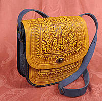 Большая кожаная женская сумка ручной работы "Дубок", желто-синяя сумка через плечо, сумка желтая с синим