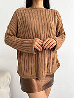 Женский свитер, бежевый, вязаный с полупрозрачным плетением