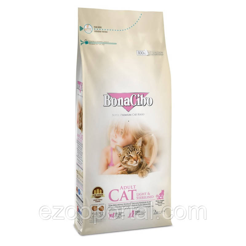 BONACIBO ADULT CAT LIGHT & STERILISED 2kg сухий корм з куркою, анчоусами та рисом для дорослих стерилізованих котів