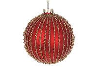 Елочный шар с декором из бисера и глиттера 8см, цвет - красный матовый с золотом RM7-483 ОСТАТОК