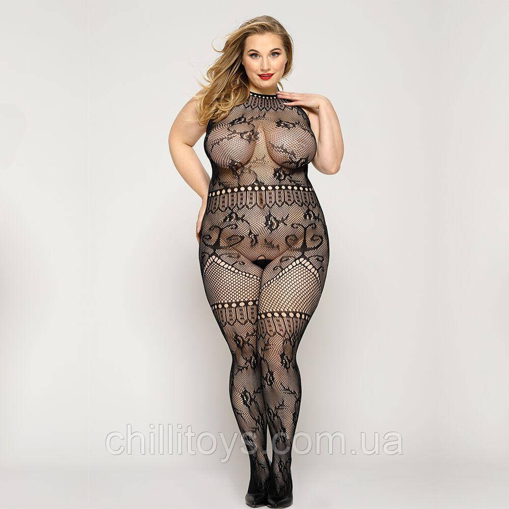 Мереживний бодістокінг JSY «Гаряча Хейлі» Plus Size, Black, халтер, імітація панчіх, відкритий досту SO8390