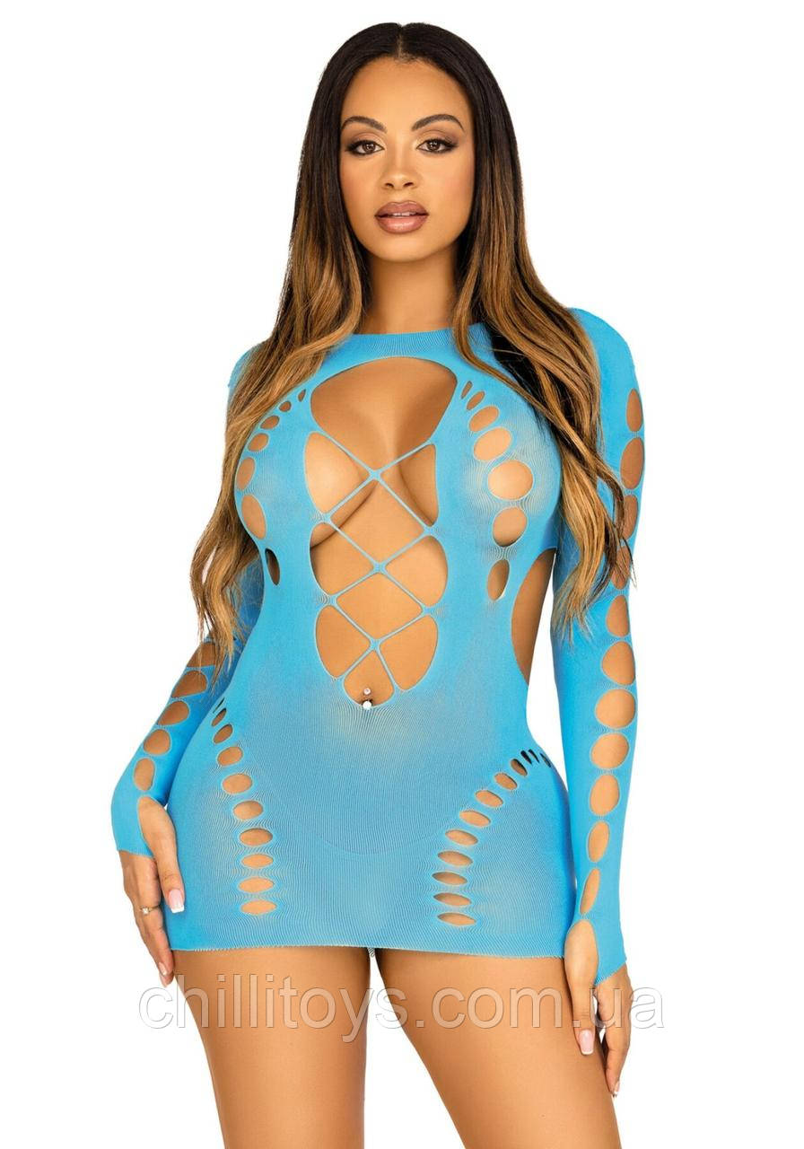 Безшовна мінісукня Leg Avenue Long sleeve cut out mini dres One size Turquoise SO8571, фото 1