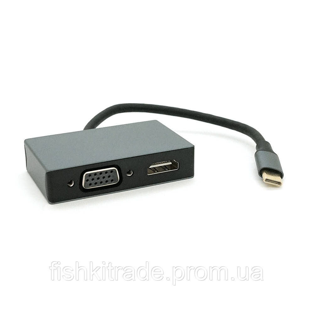 Хаб Type-C(папа) аллюминиевый, HDMI(мама)+VGA(мама), 23cm, Silver l - фото 1 - id-p1981619851