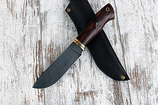 Ніж ручної роботи мисливський з дамаської сталі Зевс, нескладний ніж зі шкіряним чохлом у комплекті