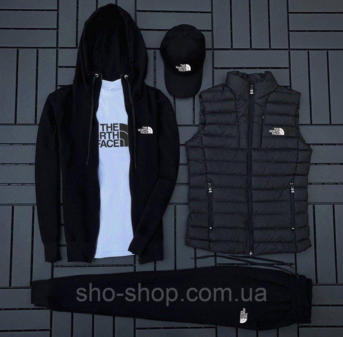 Чоловічий спортивний костюм ФЛІС Комплект із жилеткою The North Face (худі на змійці + штани + футболка, фото 1