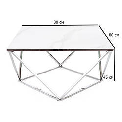 Журнальний столик з квадратною стільницею Signal Silver A II 80x80 см з скла під білий мармур для вітальні