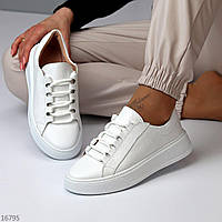 Белые кожаные, базовые женские кеды на шнурках, толстая платформа, (весна, лето) тренд, 38