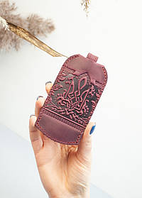 Чохол для ключів шкіряний бордовий з орнаментом Тризуб та Калина | Ключниця шкіряна