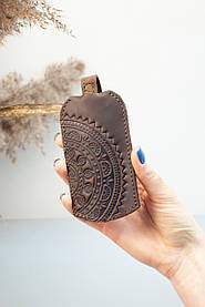 Чохол для ключів шкіряний темно-коричневий з орнаментом Етно | Ключниця шкіряна