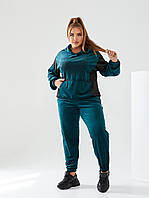 Спортивный женский костюм велюровый кофта худи и штаны зелёный изумруд 48-50 52-54 56-58