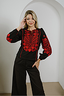 Женская нарядная блузка - вышиванка "Владана", смесь льна, р. S.M.L.XL.2XL черная с красн