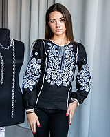 Женская нарядная блузка - вышиванка "Владана", смесь льна, р. р. S.M.L.XL.2XL черная с бел