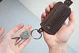 Чохол для ключів шкіряний темно-коричневий з орнаментом Вишивка | Ключниця шкіряна, фото 4