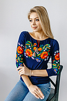 Женская нарядная футболка - вышиванка " Мазурка" , рукав 3\4, р. С,М синяя