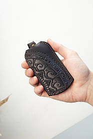Чохол для ключів шкіряний чорний з орнаментом Чумацький Шлях | Ключниця шкіряна