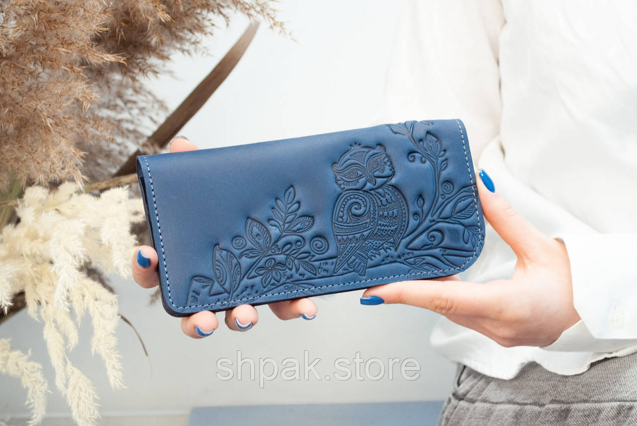 Темно-синій гаманець жіночий довгий шкіряний з тисненням Сова з прозорим відділом, фото 1