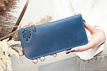 Темно-синій гаманець жіночий довгий шкіряний з тисненням Сова з прозорим відділом, фото 2