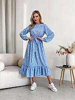Голубое женское романтичное платье миди на каждый день из софта в цветочный принт с воланом