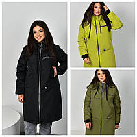 Жіноче синтепонове демісезонне пальто з капюшоном батал: 48-50, 52-54, 56-58, 60-62. Кольори: чорний, хакі, лайм.