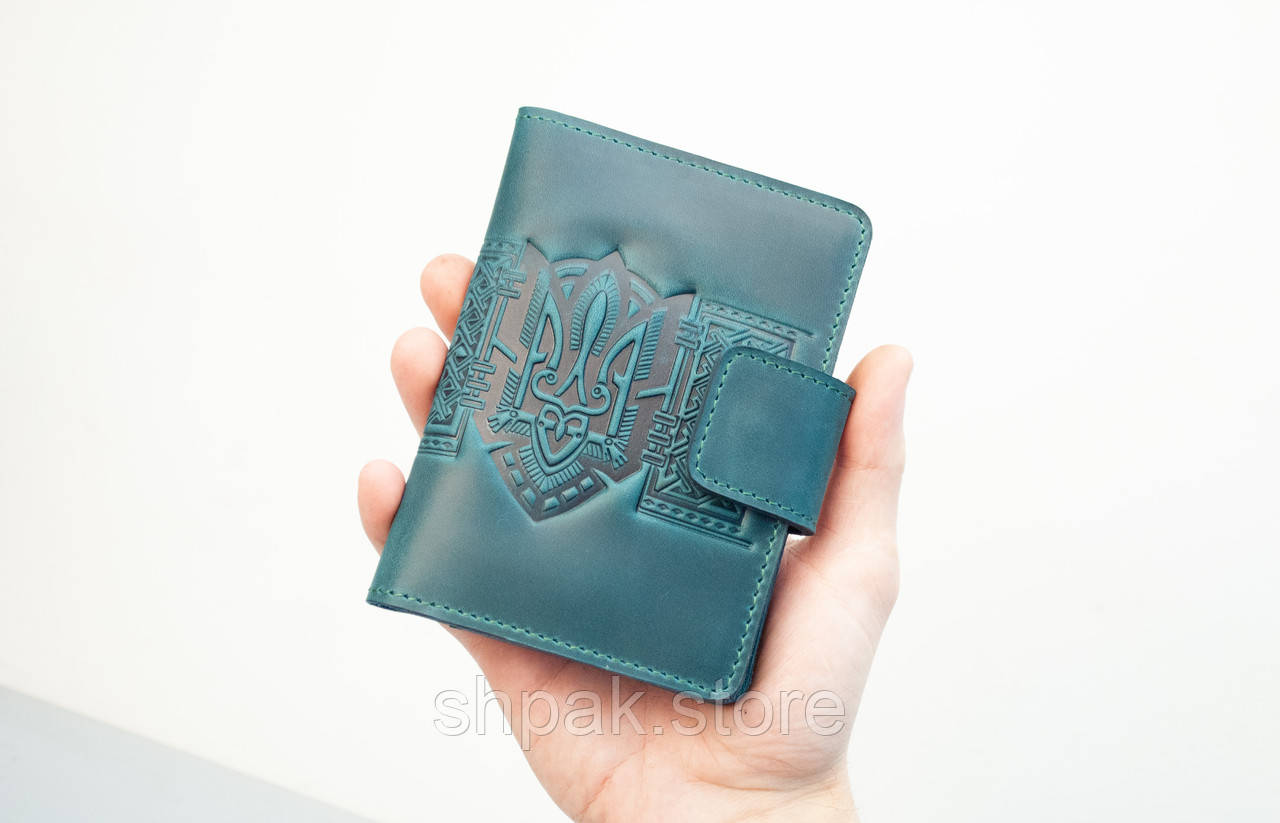 Портмоне для документів шкіряне темно-бірюзове з тисненням Герб Тризуб | для автодокументві, паспорта, військового, фото 1