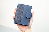 Портмоне для документов кожаное синее с тиснением Вишывка | для автодокументов, паспорт