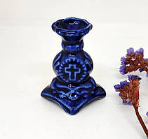 Підсвічник з хрестом синій з кераміки, отвір 6 мм