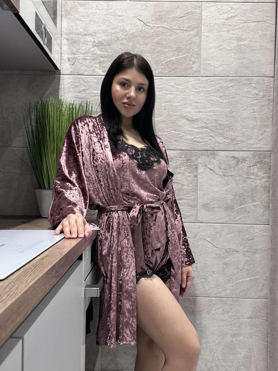 Велюровий халат + піжама майка та шорти-комплект.