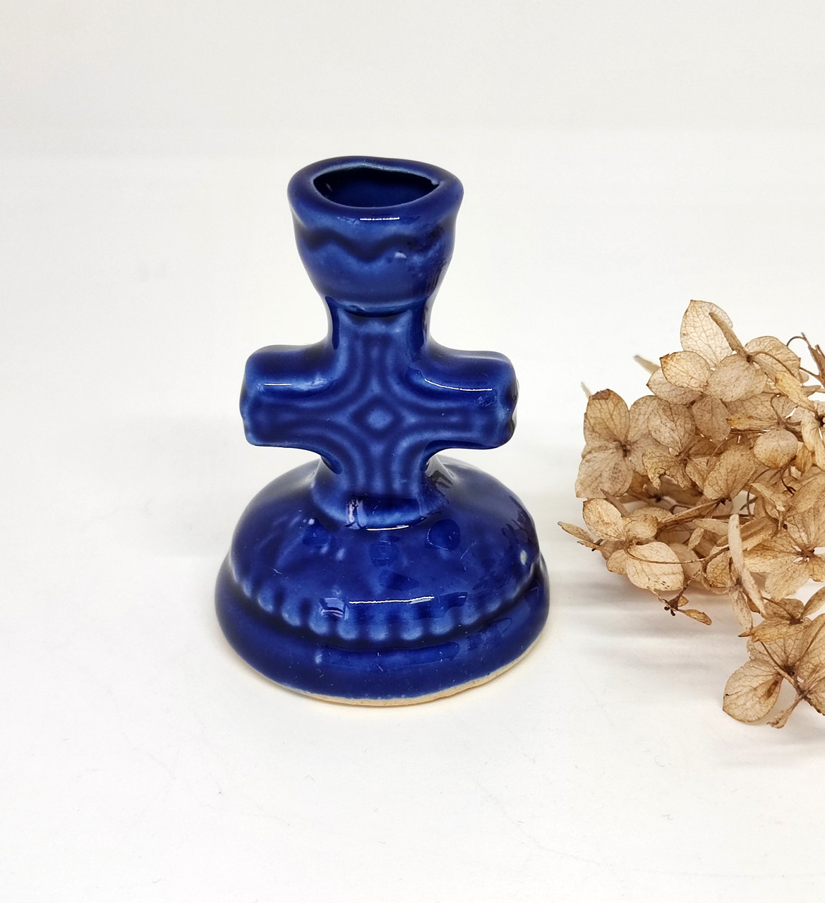 Підсвічник синій у формі хреста з кераміки, отвір 12 мм, фото 1