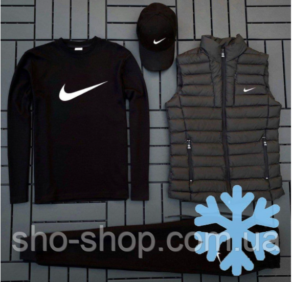 Чоловічий спортивний костюм ФЛІС Комплект із жилеткою Nike (світшот + штани + кіпка + жилетка) Чоловічий флісовий, фото 1