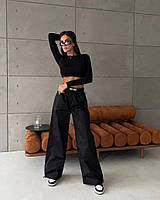 Женский прогулочный костюм брюки карго + топ с длинным рукавом (в цветах и размерах) 42/44, Черный