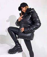 Женская куртка эко-кожа с капюшоном Размеры 42, 44,46,48 черная