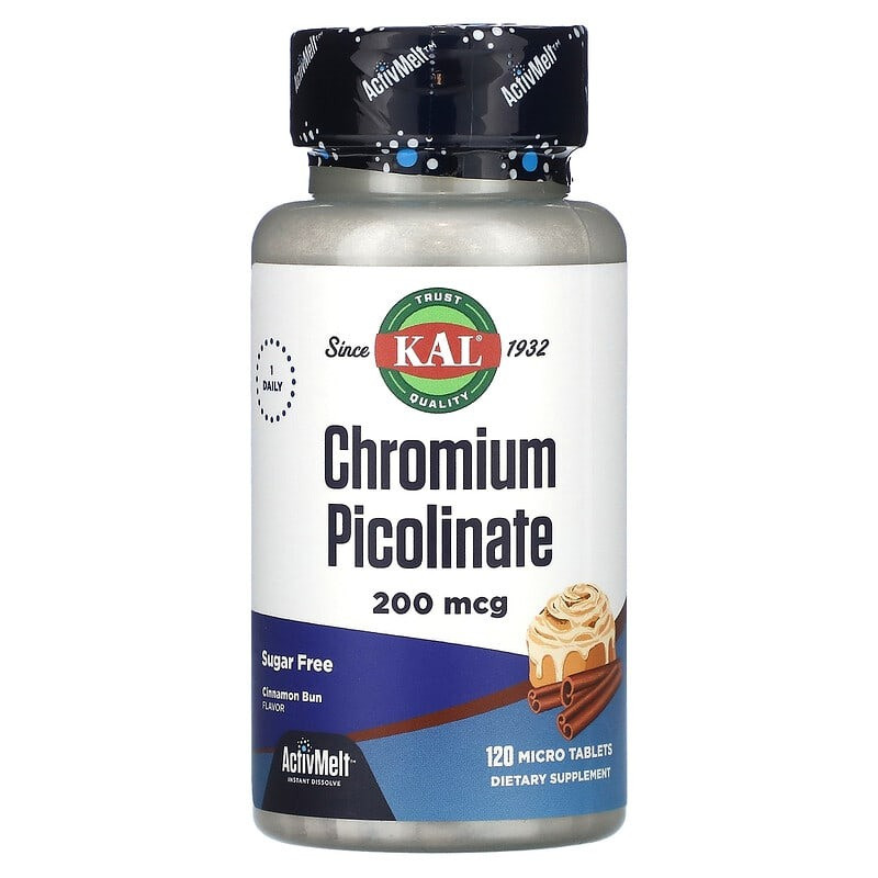 Піколінат хрому KAL "Chromium Picolinate" без цукру зі смаком булочки з корицею, 200 мкг (120 мікротаблеток), фото 1
