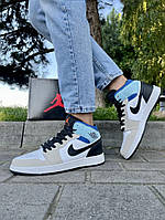 Кроссовки Nike Air Jordan 1 (белые с бежевым и голубым)