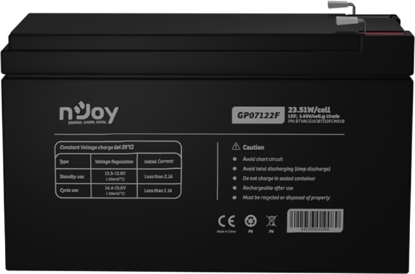 Акумуляторна батарея для ДБЖ nJoy 12 V/7A AGM T2/F2 GP07122F чорна BTVACGUOBTD2FCN01B, фото 1