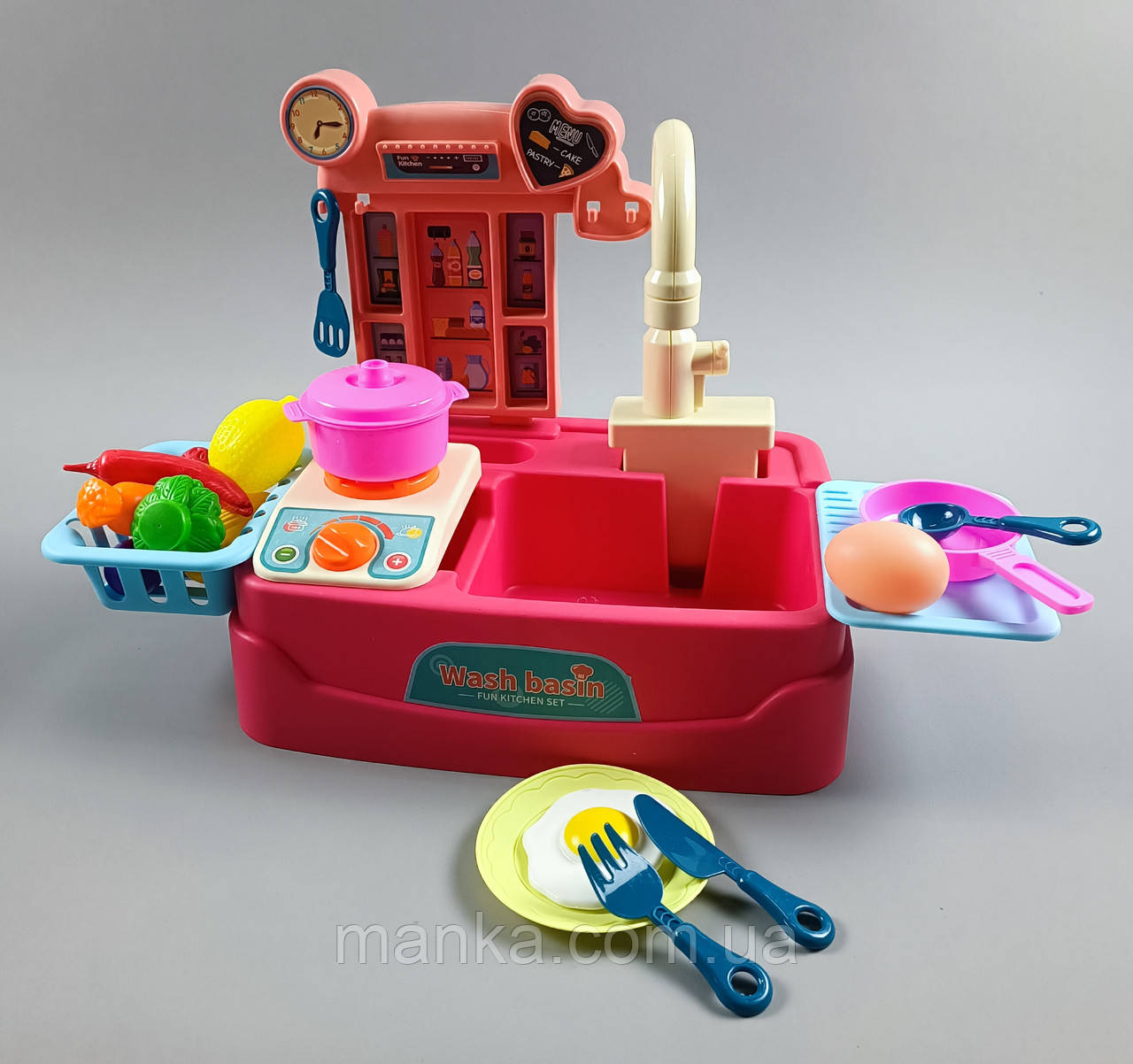 Мийка Дитяча іграшкова кухня з водою рожева 566  з мийкою (2 види, насос для води, посуд, овочі та фрукти), фото 1