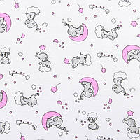 Ткань фланель детская для детского постельного белья пеленок детской одежды слоники месяц белая
