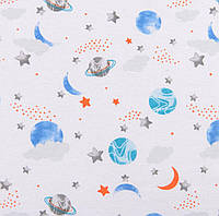 Ткань фланель детская для детского постельного белья пеленок детской одежды космос планеты белая
