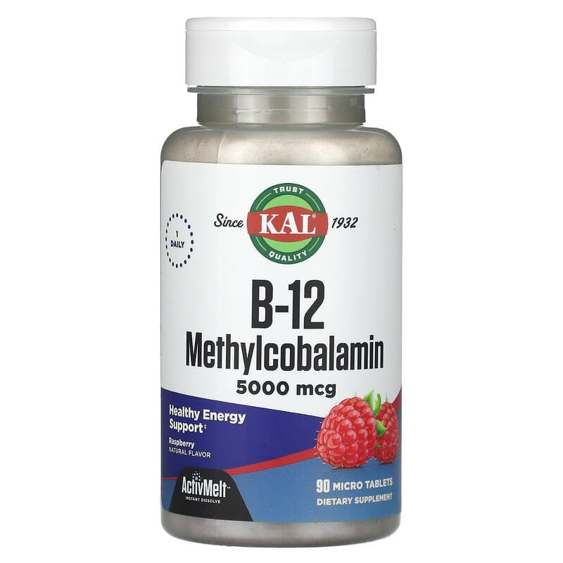 Метилкобаламін B12 KAL "B-12 Methylcobalamin" малина лісова, 5000 мкг (90 мікротаблеток), фото 1