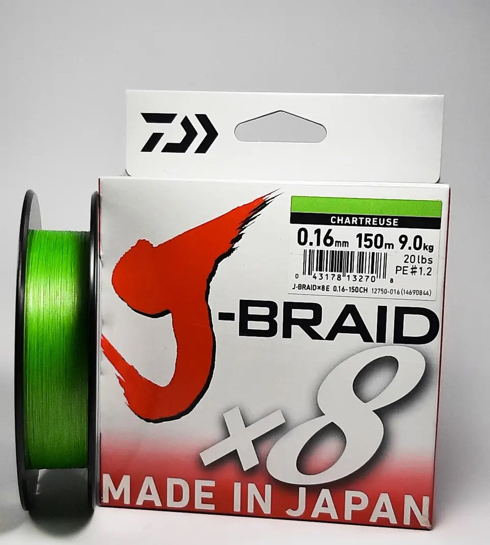 Шнур для риболовлі Daiwa J-Braid X8 0,16mm-150м chartreuse 9kg #1.2