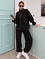 Жіночий костюм флісовий утеплений кофта на блискавці штани оверсайз (чорний, коричневий)