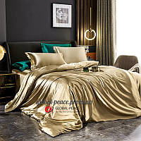 Атласное Золотое Двуспальное постельное белье Moka Textile и Дополнительные Зеленые наволочки 2 шт