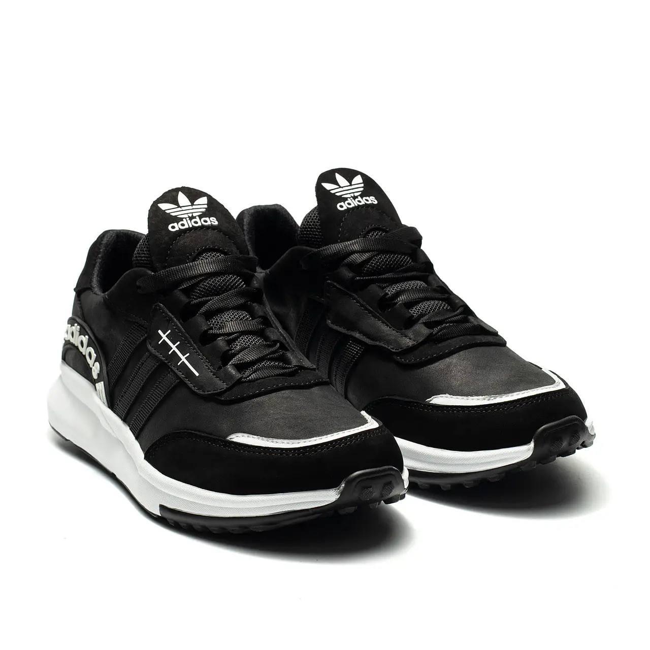 Кросівки чоловічі шкіряні чорні з білою весна/осінь Adidas Black ALч/б, фото 1
