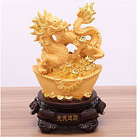 Статуэтка Фен шуй Дракон золотой в чаше изобилия (h-28 см), статуэтка интерьерная на стол