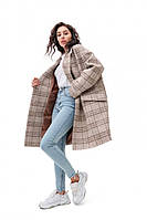Пальто жіноче демісезонне, оверсайз, середньої довжини, вовняне, весняне, осіннє, в клітинку, Бежевий, 42