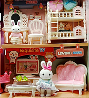 Ігровий дитячий 2 поверховий будиночок "Білий Кролик 6689" з меблями та флоксовими фігурками.