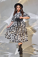 Платье легкое романтическое черное с цветочным принтом миди с черным поясом большого размера 50-64. 105358