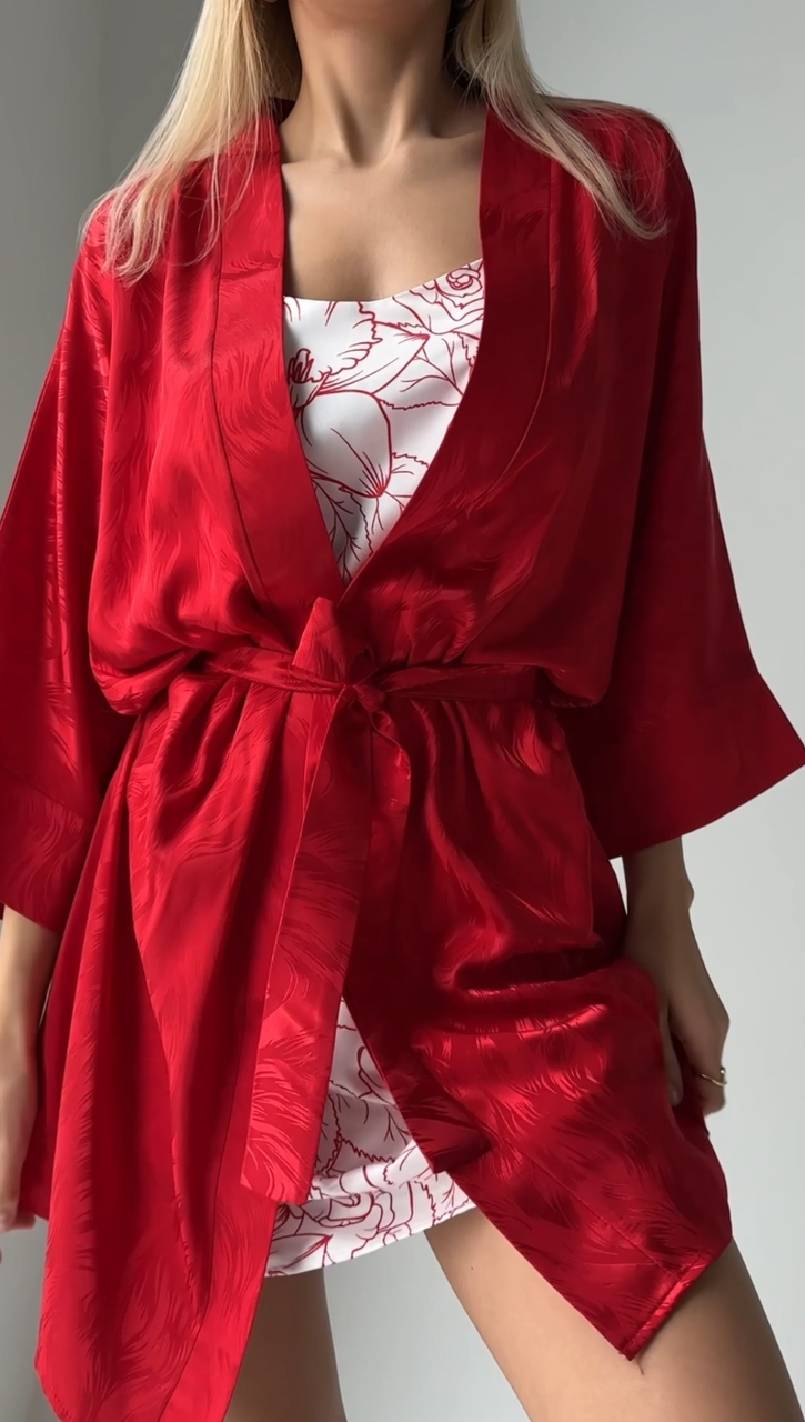 Женский халат и сорочка шелковый набор Victoria's Secret красный ночной комплект виктория сикрет - фото 7 - id-p2097253650