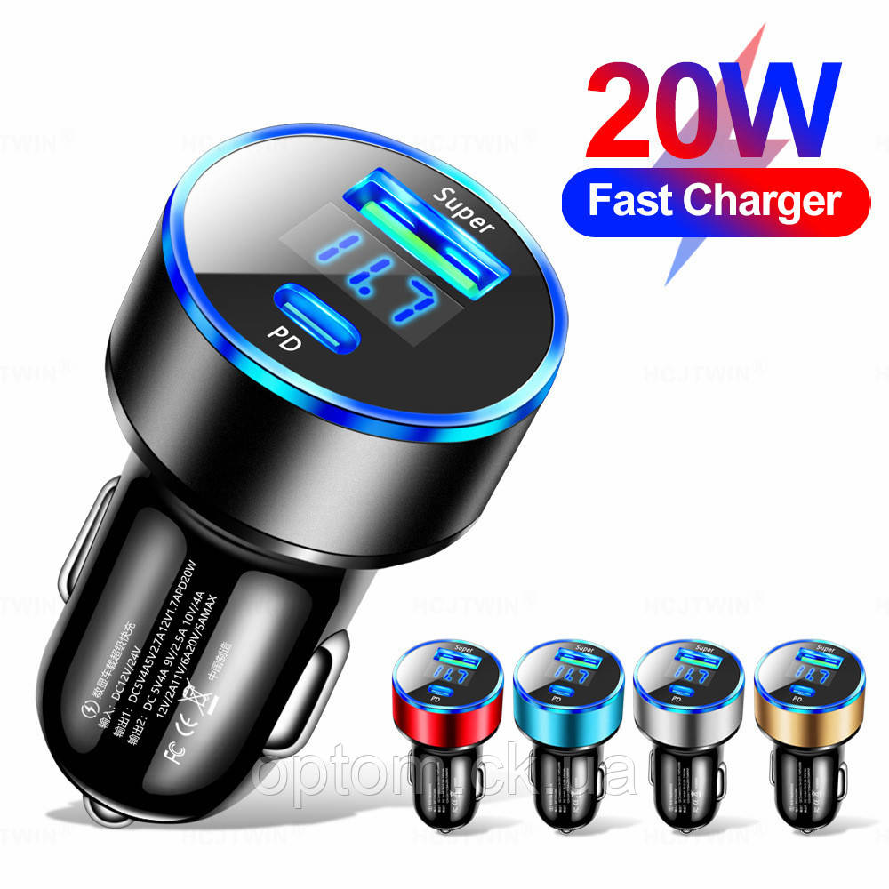 Зарядка USB QC3.0/PD 20W c вольтметром Black