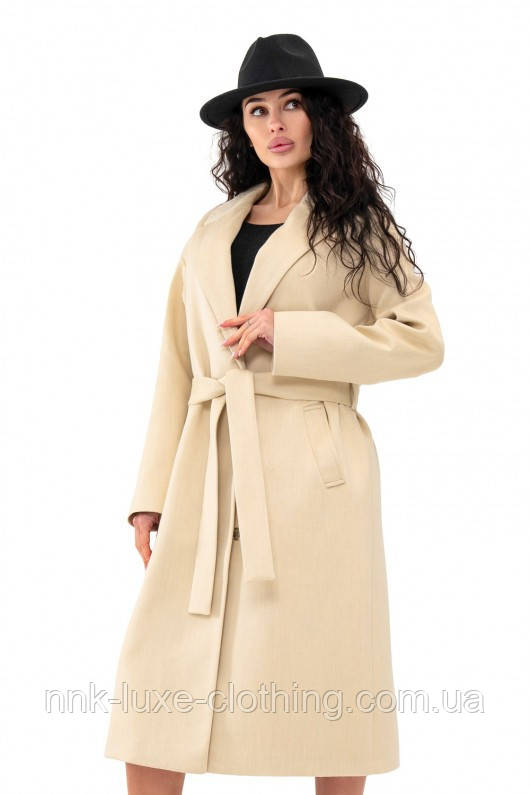 Пальто жіноче вовняне, демісезонне, оверсайз, середньої довжини, однотонне, Бежевий, 44