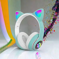 Bluetooth навушники з котячими вушками CAT STN-28 зелені | Бездротові навушники з TV-976 вушками котика